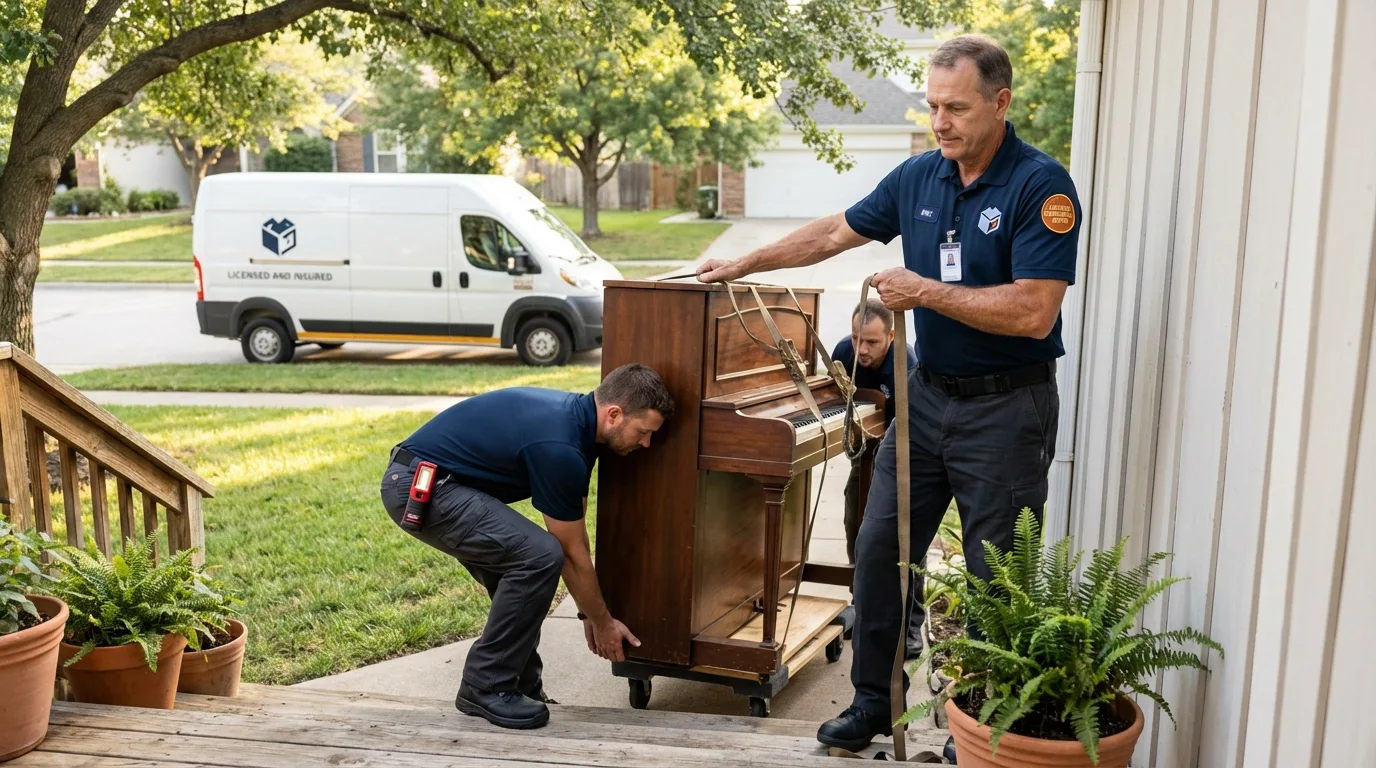Licensed piano movers securing grand piano in Sturgis, MI