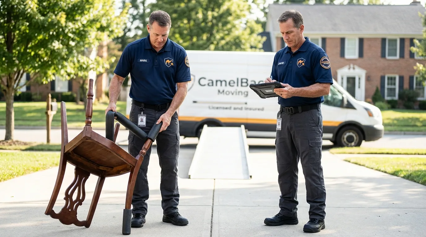 Movers inspecting furniture for damage prevention before loading in Sturgis, MI