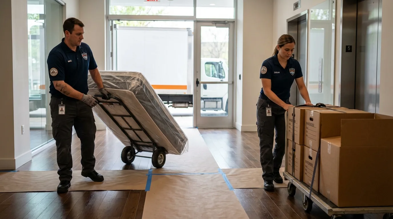 Professional apartment movers loading elevator in Sturgis, MI