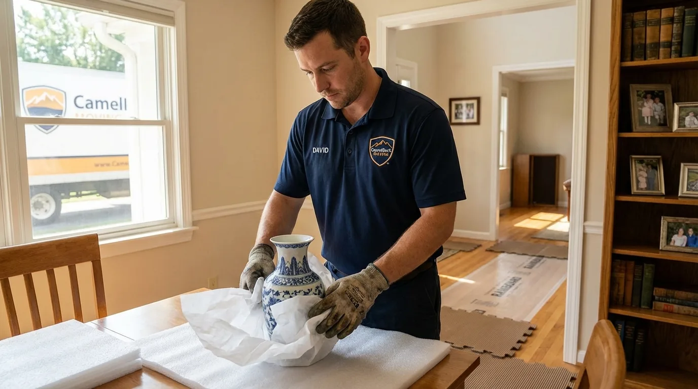 Professional crew carefully wrapping antique vase for senior downsizing move in Sturgis, MI